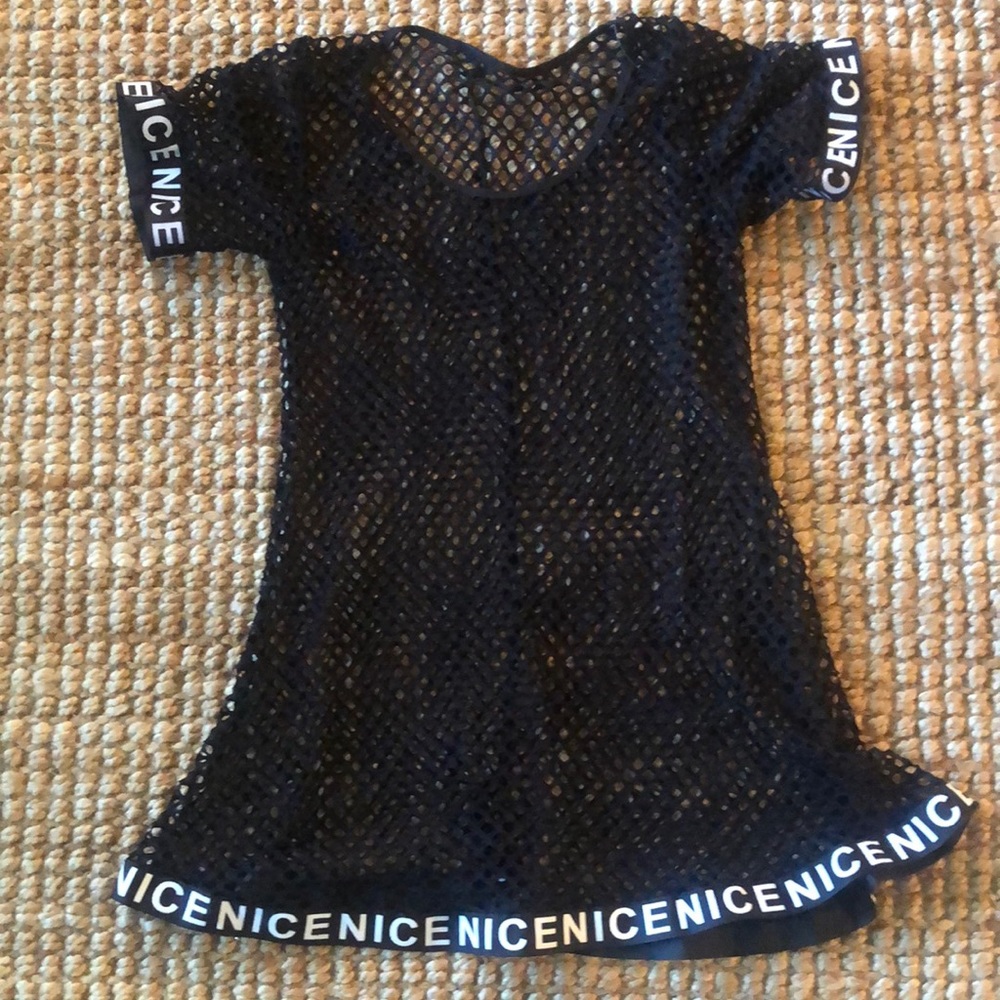Nice Brand Black Mesh Mini Dress/Coverup with Logo trim tape at hem and sleeves